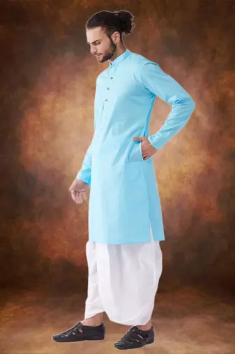 Men's cotton blend sky blue dhoti kurta set