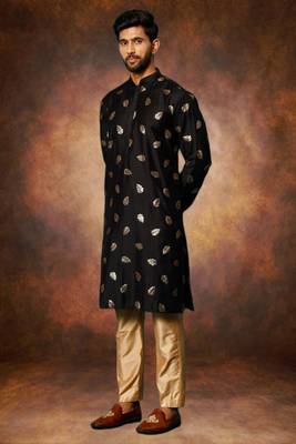 Men's art silk printed black kurta pajama set 1