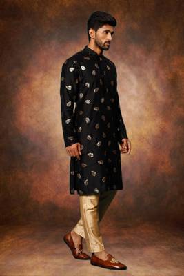 Men's art silk printed black kurta pajama set 2