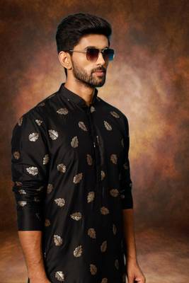 Men's art silk printed black kurta pajama set 3