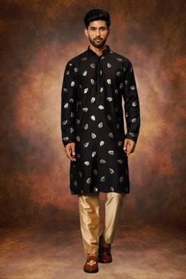 Men's art silk printed black kurta pajama set 5