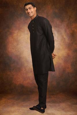 Men's art silk plain black kurta pajama 1