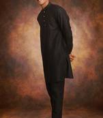 Men's art silk plain black kurta pajama
