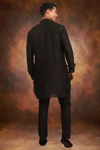 Men's art silk plain black kurta pajama