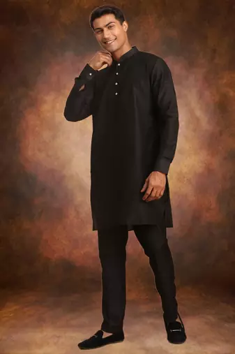 Men's art silk plain black kurta pajama