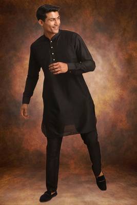 Men's art silk plain black kurta pajama 5