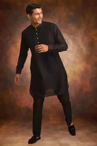 Men's art silk plain black kurta pajama