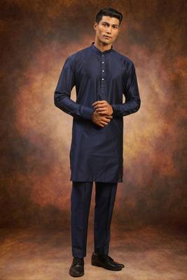 Men's art silk plain navy blue kurta pajama 1