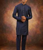 Men's art silk plain navy blue kurta pajama