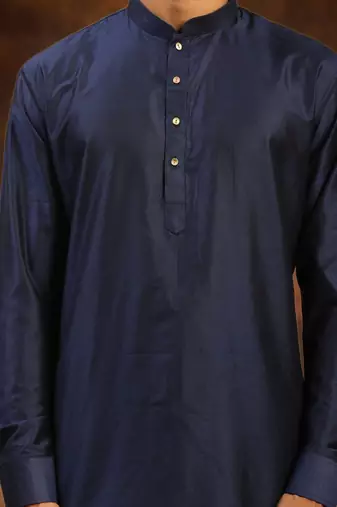 Men's art silk plain navy blue kurta pajama