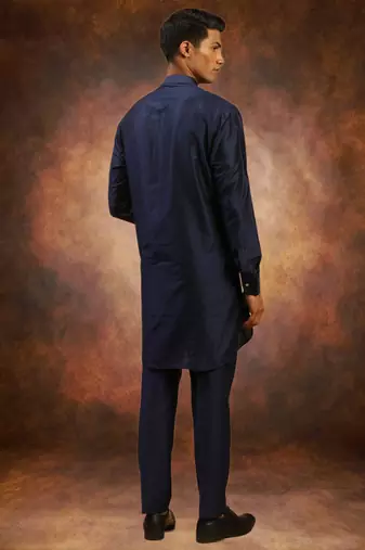 Men's art silk plain navy blue kurta pajama