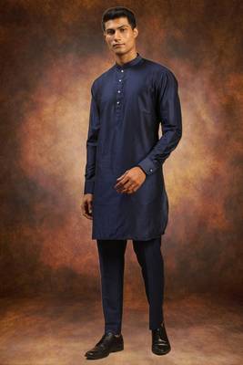 Men's art silk plain navy blue kurta pajama 4