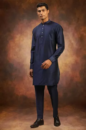 Men's art silk plain navy blue kurta pajama