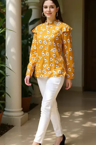 mustard floral georgette women's  styles western top