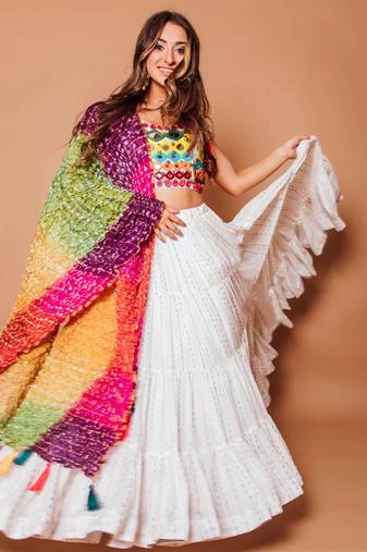 SPLENDID WHITE SEQUINS EMBROIDERED GEORGETTE FOR FESTIVALS SPECIAL LEHENGA