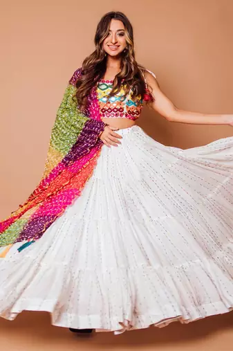 SPLENDID WHITE SEQUINS EMBROIDERED GEORGETTE FOR FESTIVALS SPECIAL LEHENGA