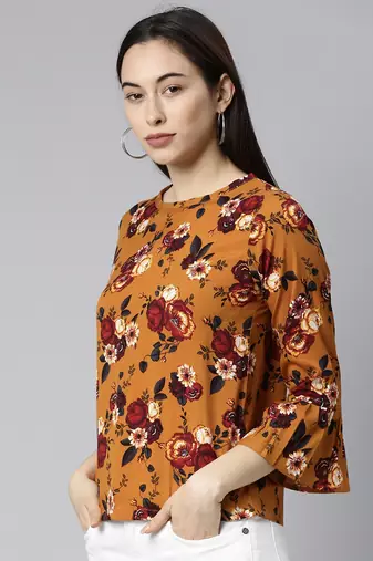 brown floral georgette women's  styles western top