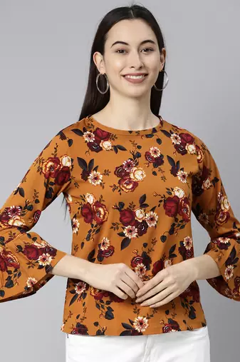 brown floral georgette women's  styles western top