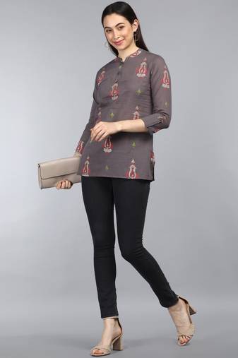 taupe ethnic motifs cotton women's  styles western top
