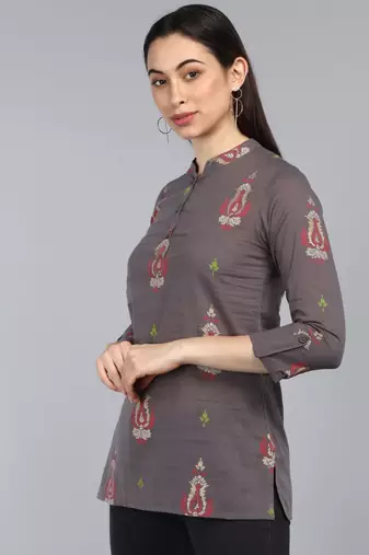taupe ethnic motifs cotton women's  styles western top
