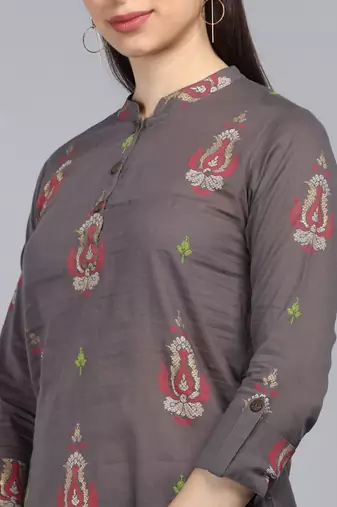 taupe ethnic motifs cotton women's  styles western top
