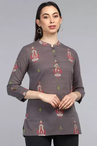 taupe ethnic motifs cotton women's  styles western top