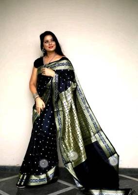 Navy Blue Sambhalpuri Hazara Booti Satin Saree with Blouse Piece 1