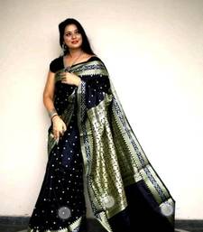 Navy Blue Sambhalpuri Hazara Booti Satin Saree with Blouse Piece