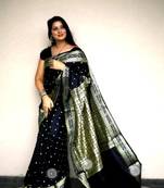 Navy Blue Sambhalpuri Hazara Booti Satin Saree with Blouse Piece