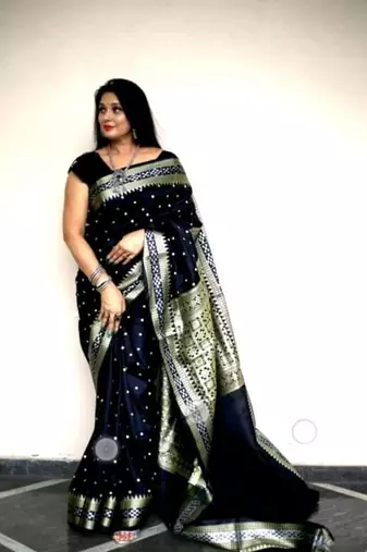 Navy Blue Sambhalpuri Hazara Booti Satin Saree with Blouse Piece