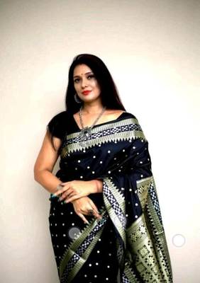 Navy Blue Sambhalpuri Hazara Booti Satin Saree with Blouse Piece 3
