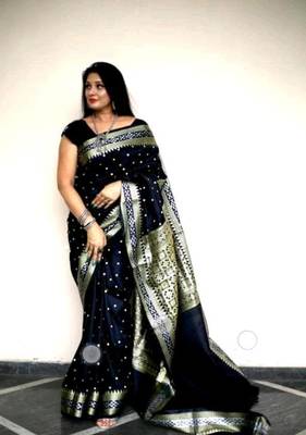 Navy Blue Sambhalpuri Hazara Booti Satin Saree with Blouse Piece 4