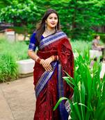Maroon Sambhalpuri Hazara Booti Satin Saree with Blouse Piece