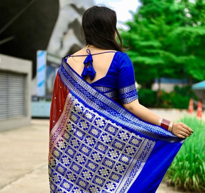 Maroon Sambhalpuri Hazara Booti Satin Saree with Blouse Piece