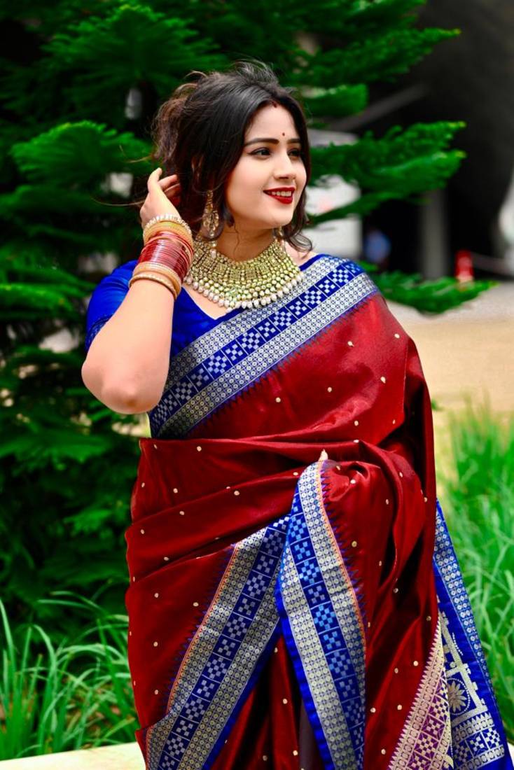 Maroon Sambhalpuri Hazara Booti Satin Saree with Blouse Piece