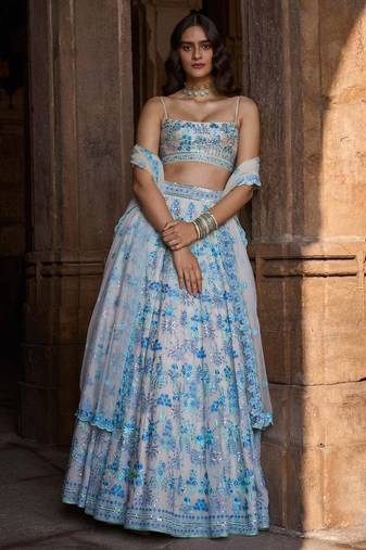 MULTI COLOR SEQUENCE WITH THREAD embroidered FAUX GEORGETTE LEHENGA CHOLI FOR WEDDING