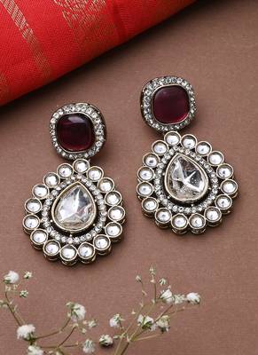 White Gold Kundan Earrings With Pink Stone 1