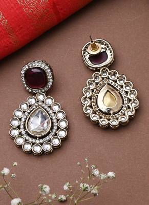 White Gold Kundan Earrings With Pink Stone 2