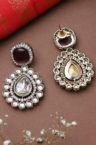 White Gold Kundan Earrings With Pink Stone