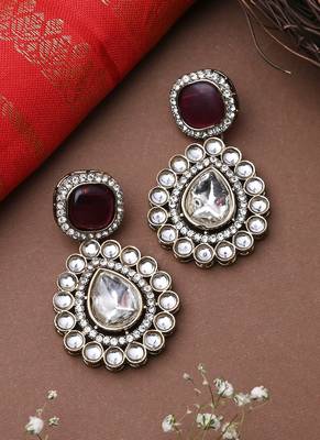 White Gold Kundan Earrings With Pink Stone 3