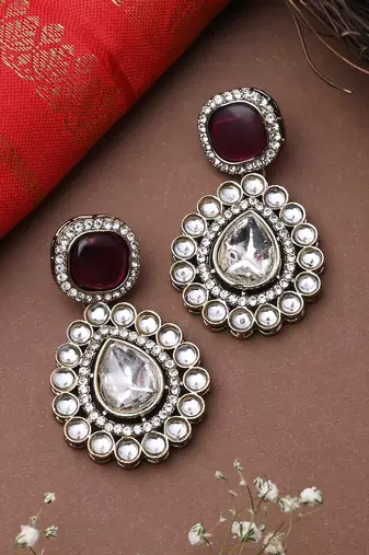 White Gold Kundan Earrings With Pink Stone