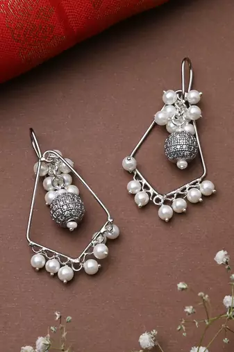 White Beaded Earring With Pearl Drop