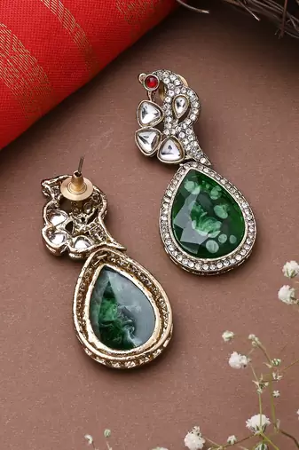 Bird Kundan Earrings With Green Stone