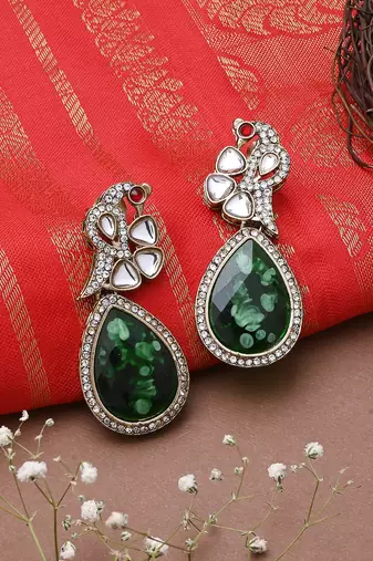 Bird Kundan Earrings With Green Stone