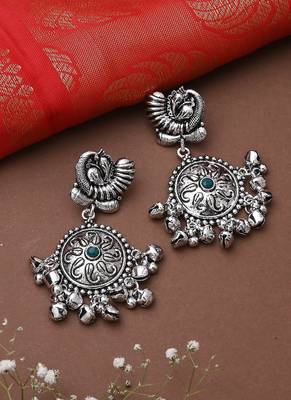 Oxidised Earrings With Green Stone 1