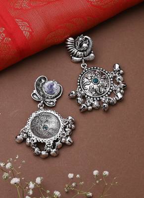 Oxidised Earrings With Green Stone 2