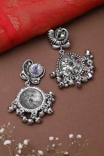 Oxidised Earrings With Green Stone