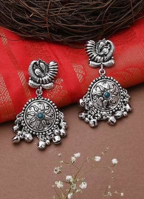Oxidised Earrings With Green Stone 3