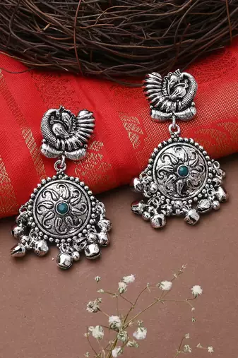 Oxidised Earrings With Green Stone
