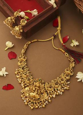 Gold Plated Laxmi Motif Necklace Set With Earrings 1